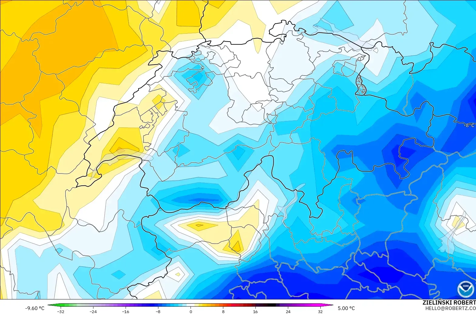 GFS model - Switzerland, Temperature at 2m Anomaly