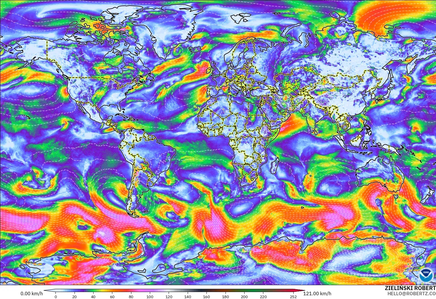GFS model - World, Wind Gusts Peak