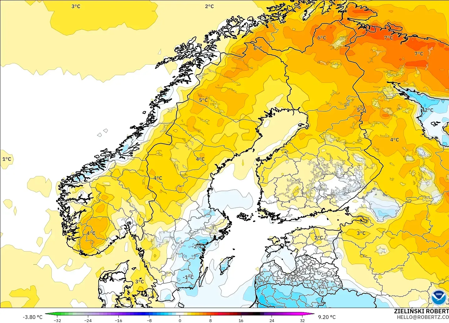 GFS model - Scandinavia, Temperature at 2m Anomaly