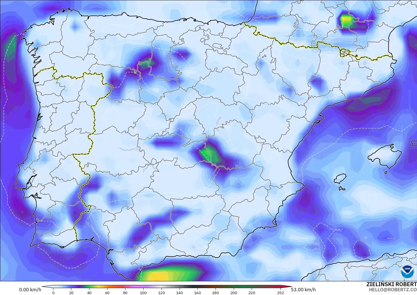 GFS model - Spain, Wind Gusts Peak