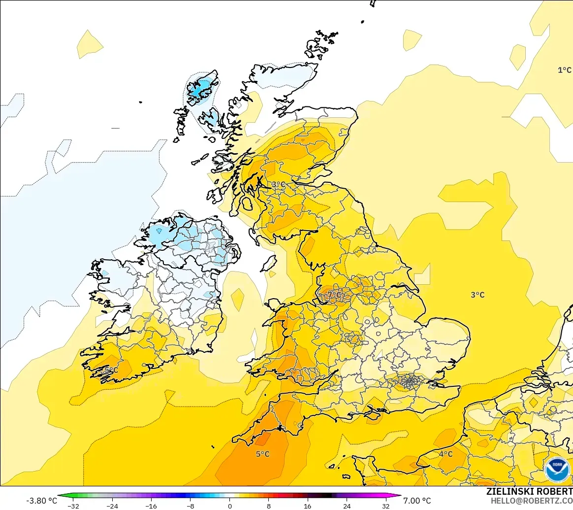 GFS model - United Kingdom, Temperature at 2m Anomaly