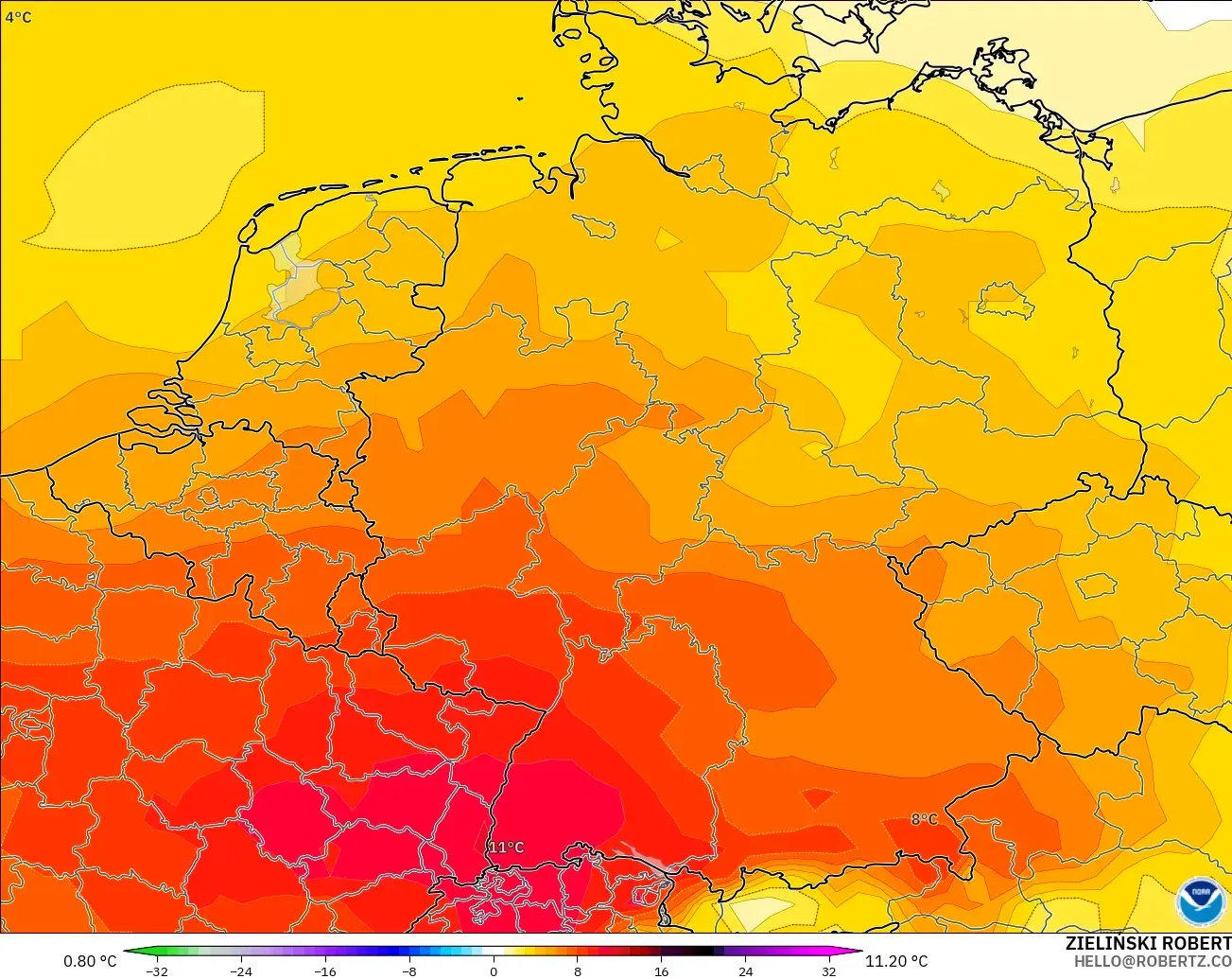 GFS model - Germany, Temperature at 850hPa Anomaly