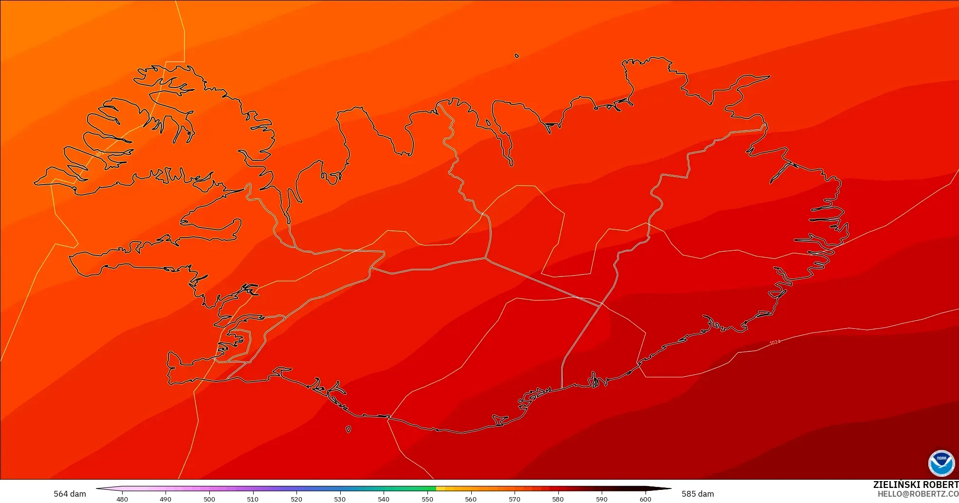 GFS model - Iceland, Geopotential height at 500hPa