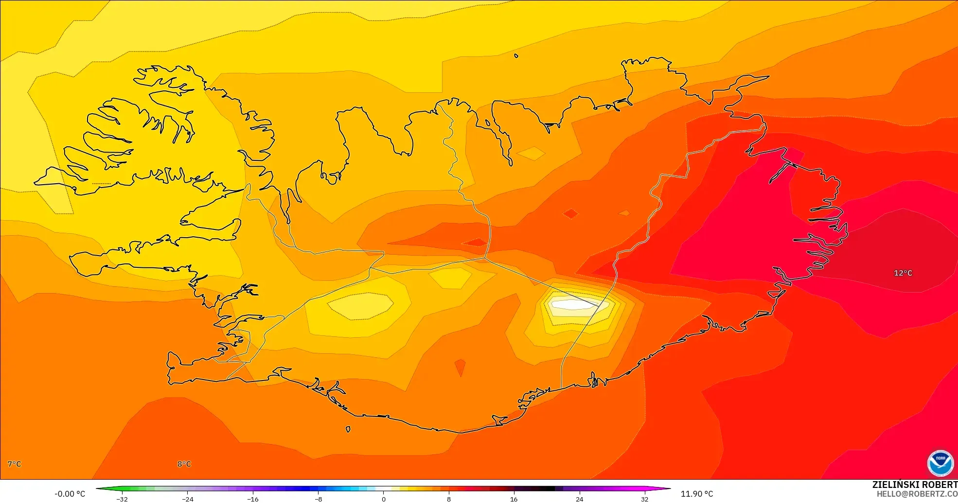 GFS model - Iceland, Temperature at 850hPa Anomaly