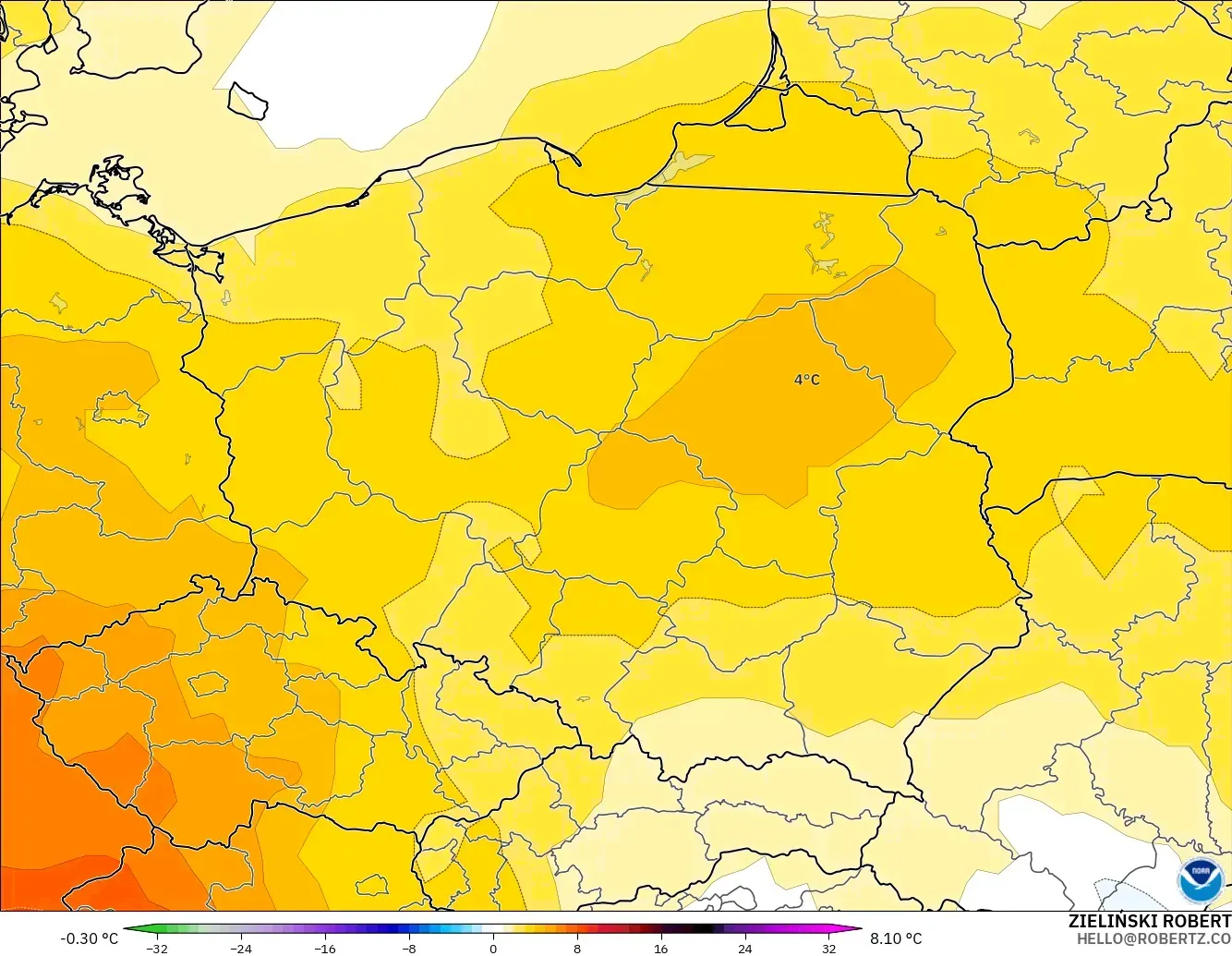 GFS model - Poland, Temperature at 850hPa Anomaly