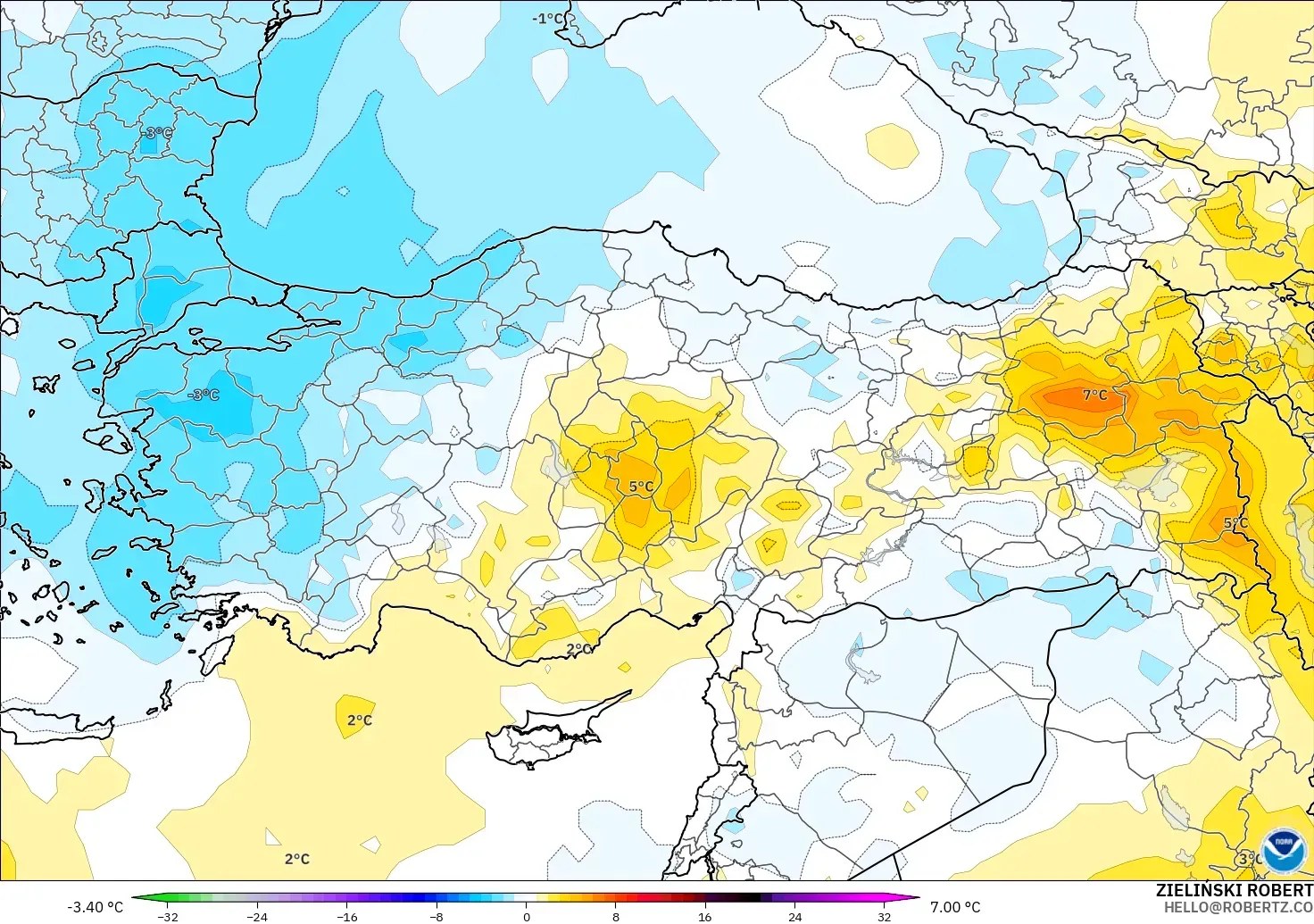 GFS model - Turkey, Temperature at 850hPa Anomaly
