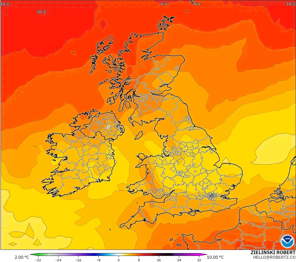 GFS model - United Kingdom, Temperature at 850hPa Anomaly