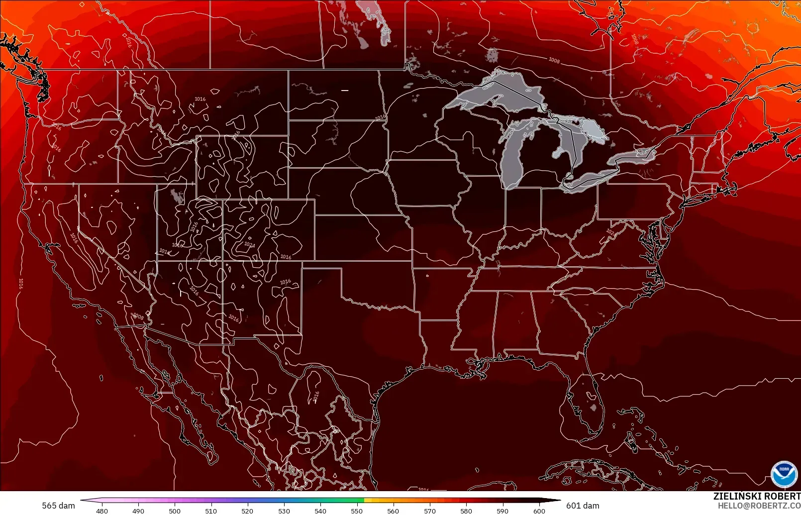 GFS model - United States, Geopotential height at 500hPa