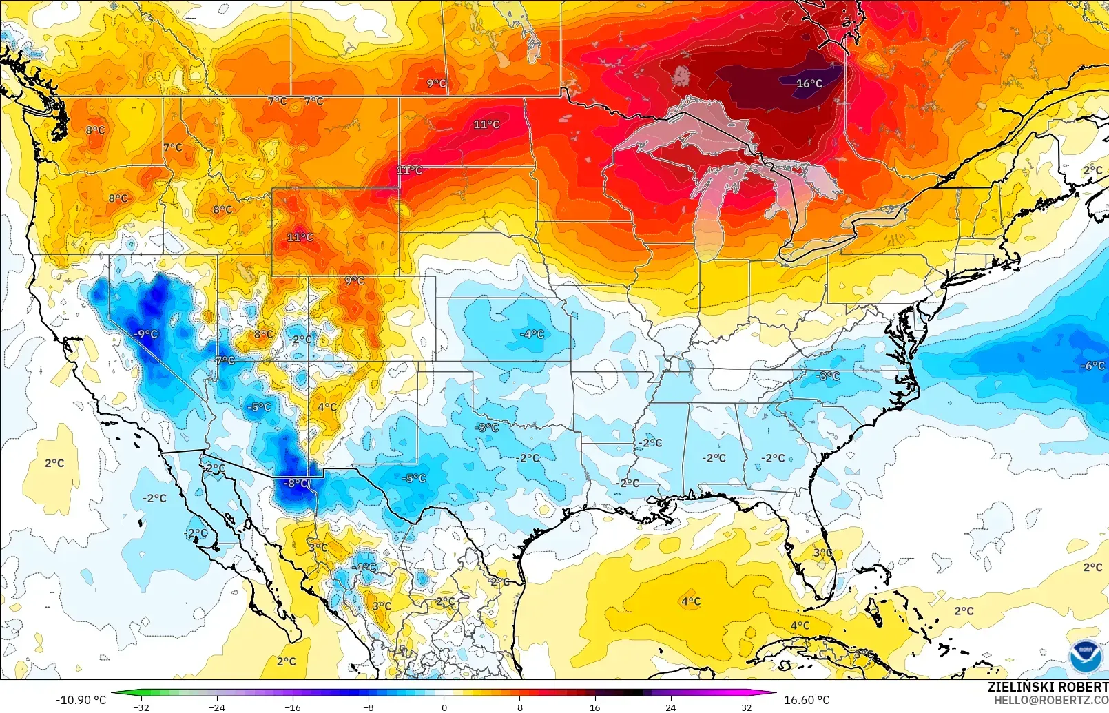 GFS model - United States, Temperature at 850hPa Anomaly