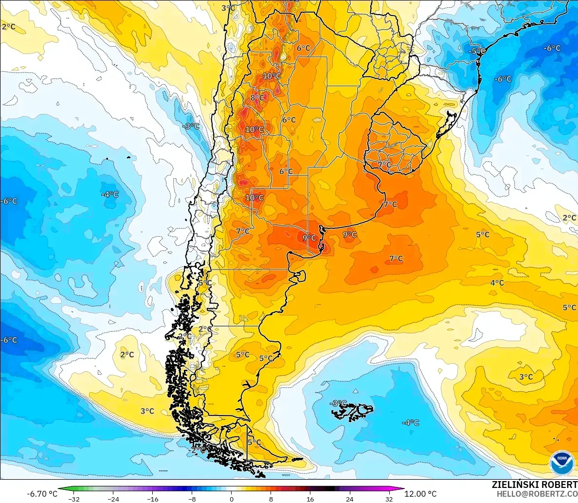 GFS model - Argentina, Temperature at 850hPa Anomaly