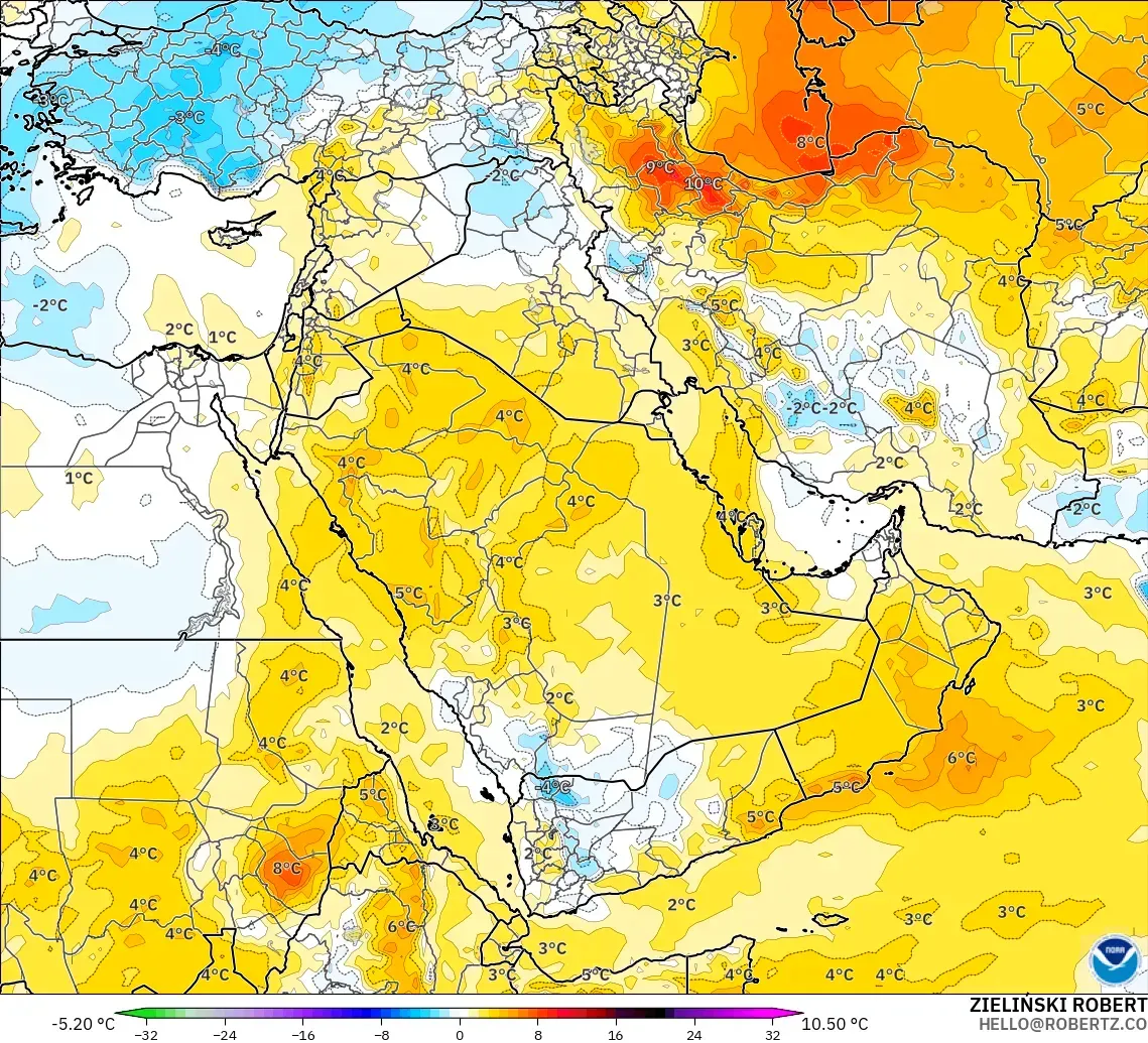 GFS model - Middle East, Temperature at 850hPa Anomaly