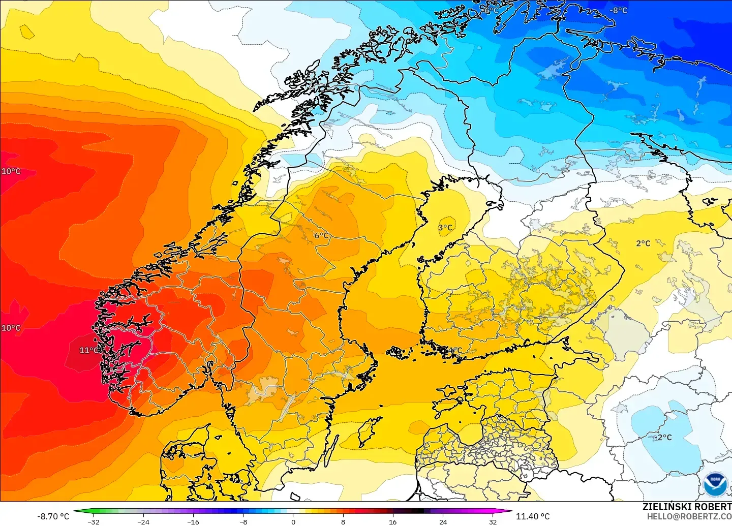 GFS model - Scandinavia, Temperature at 850hPa Anomaly