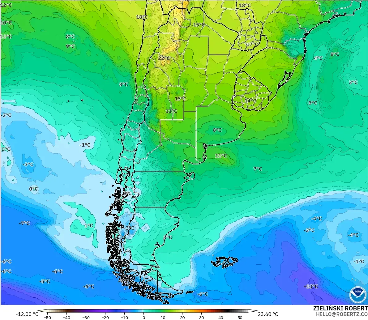 GFS model - Argentina, Temperature at 850hPa