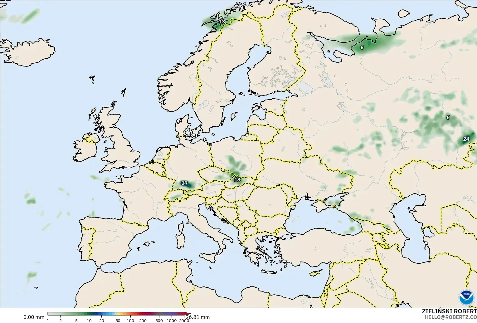 GFS model - Europe, Precipitation Accumulation