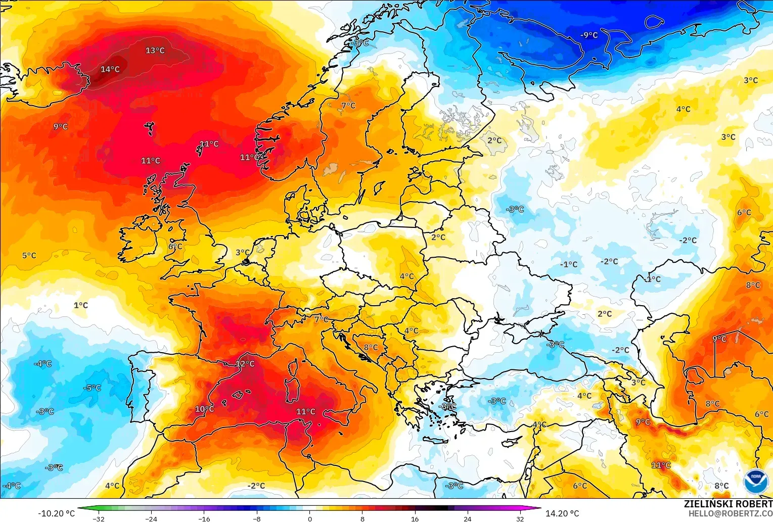 GFS model - Europe, Temperature at 850hPa Anomaly