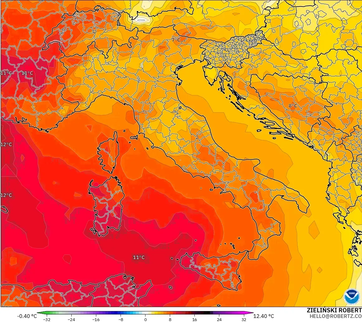 GFS model - Italy, Temperature at 850hPa Anomaly