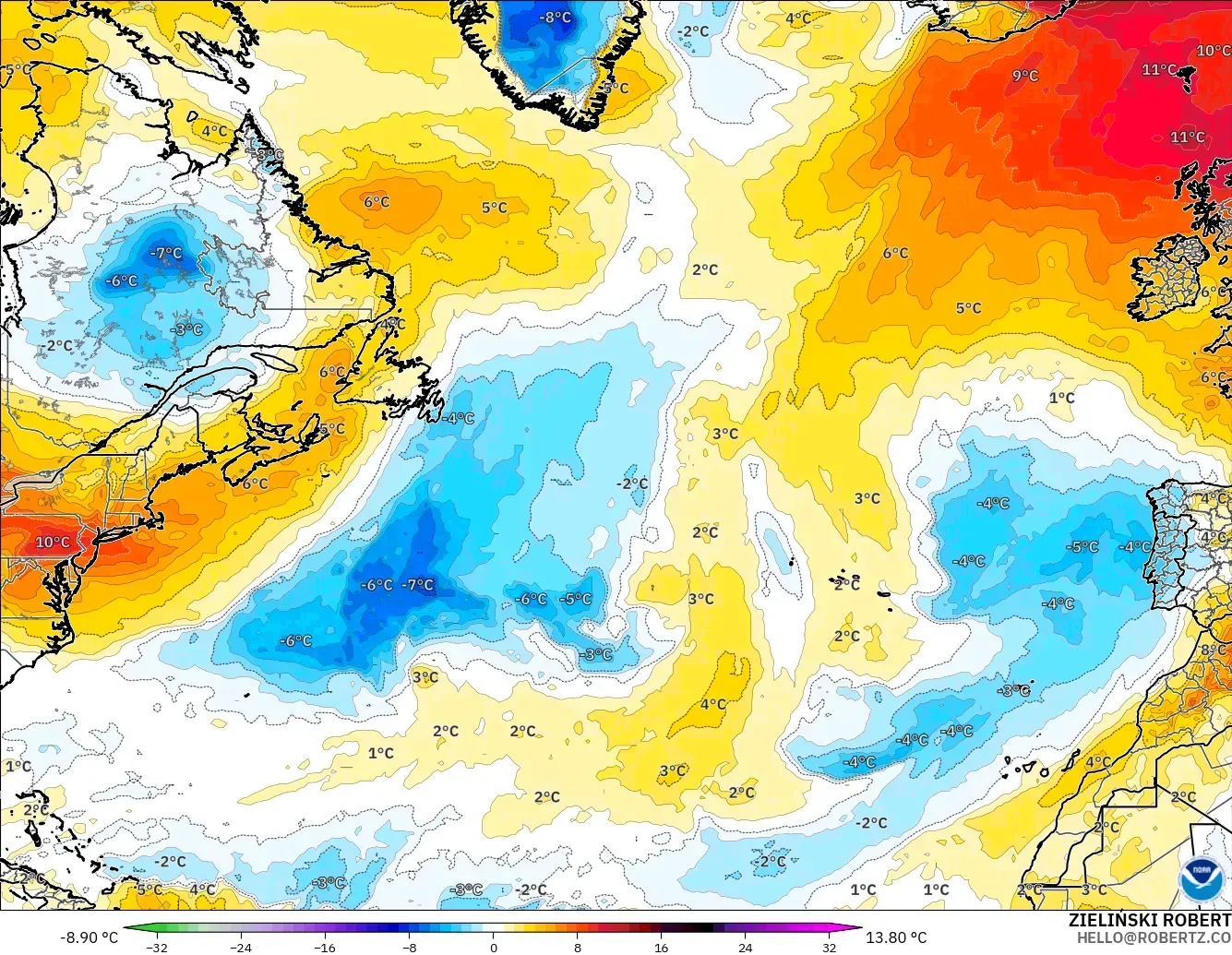 GFS model - North Atlantic, Temperature at 850hPa Anomaly