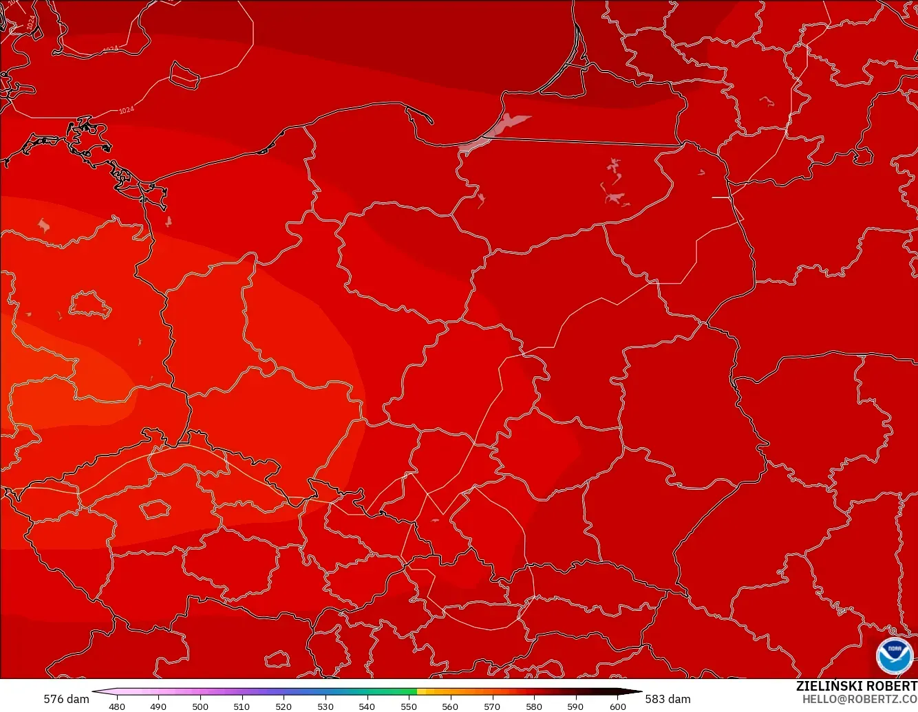 GFS model - Poland, Geopotential height at 500hPa
