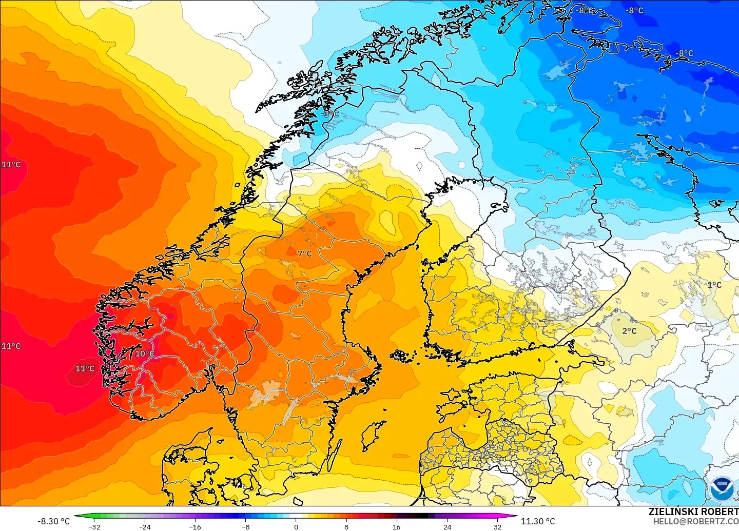 GFS model - Scandinavia, Temperature at 850hPa Anomaly