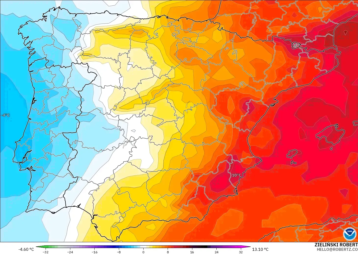 GFS model - Spain, Temperature at 850hPa Anomaly
