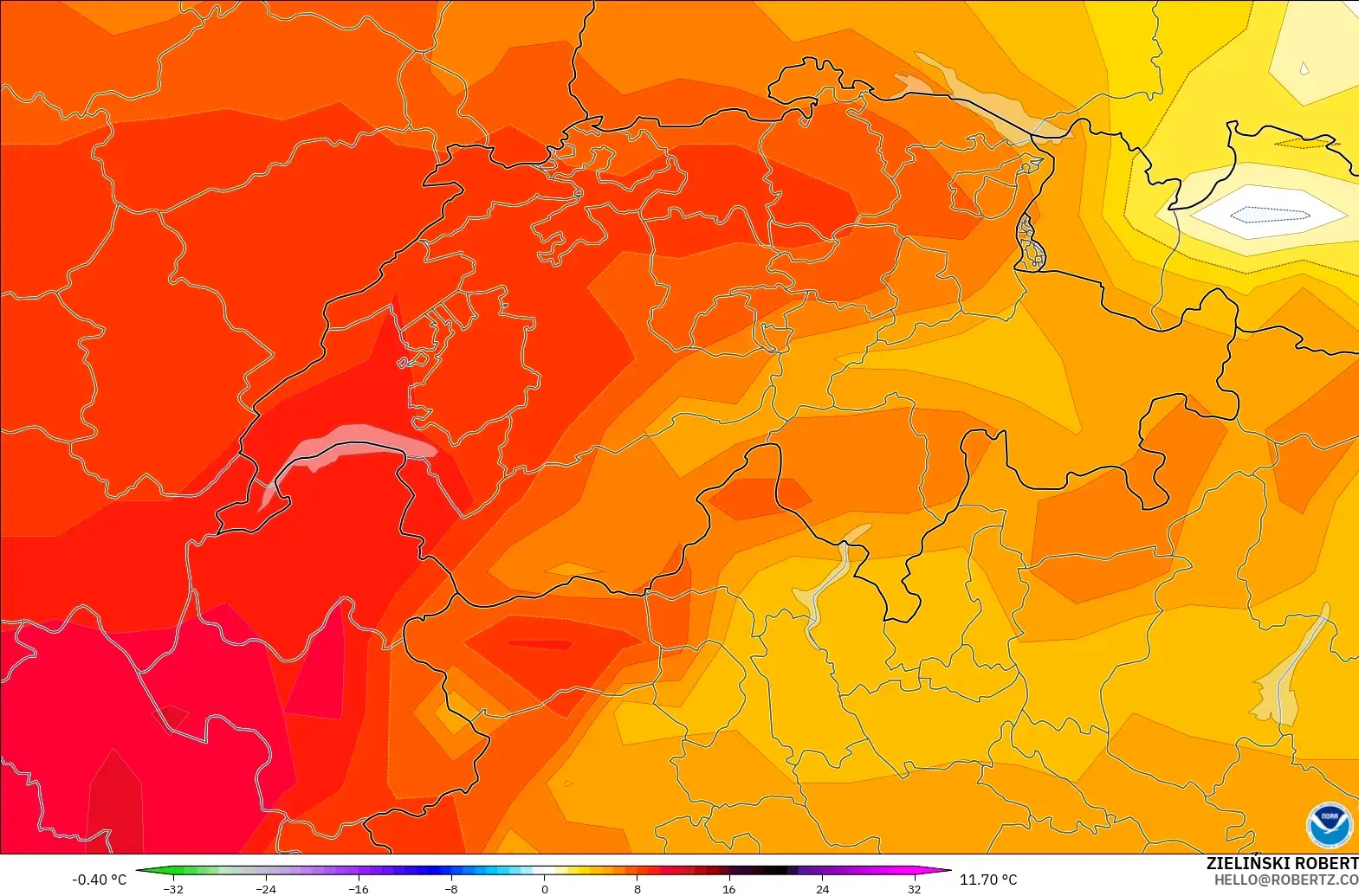 GFS model - Switzerland, Temperature at 850hPa Anomaly