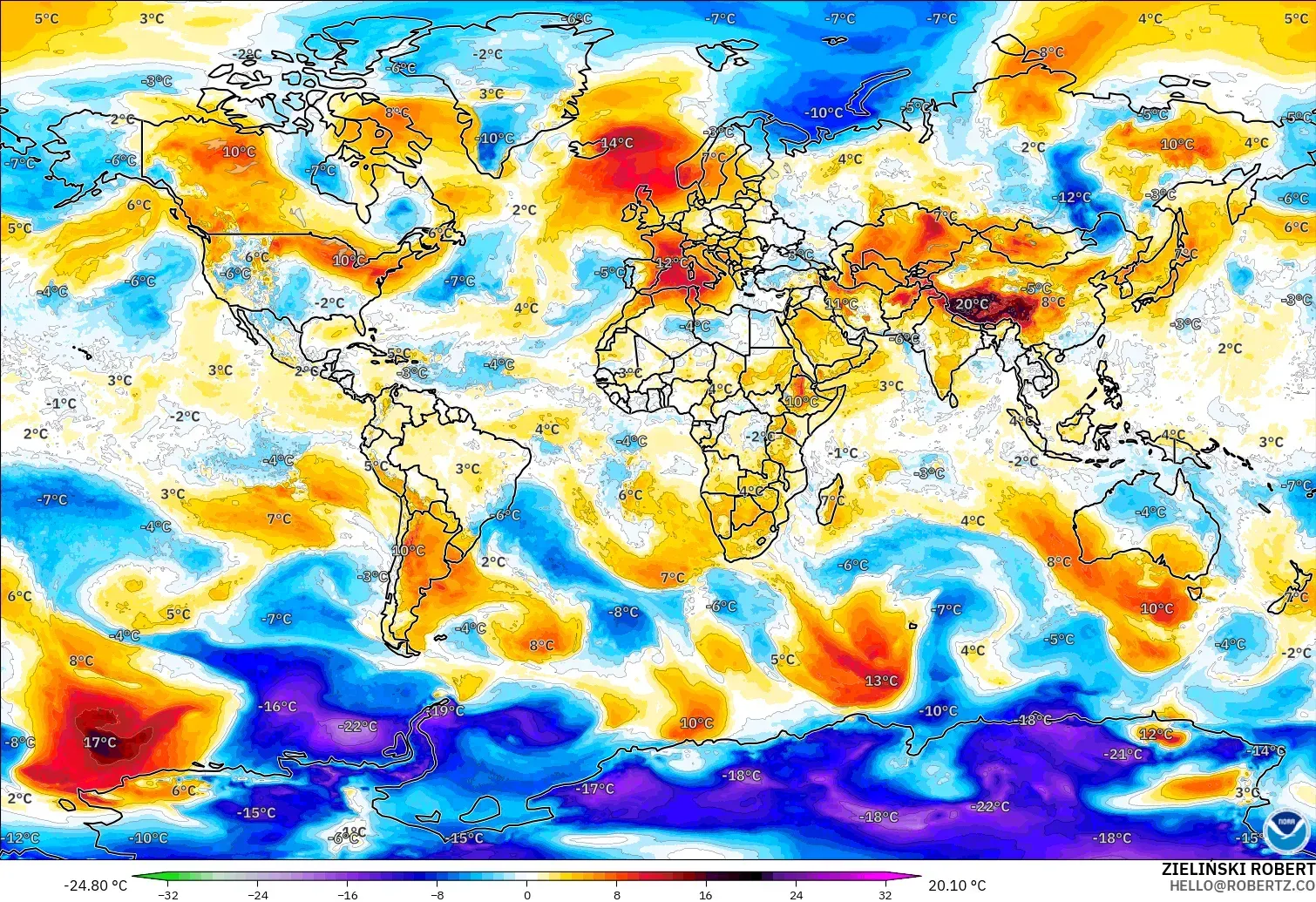 GFS model - World, Temperature at 850hPa Anomaly