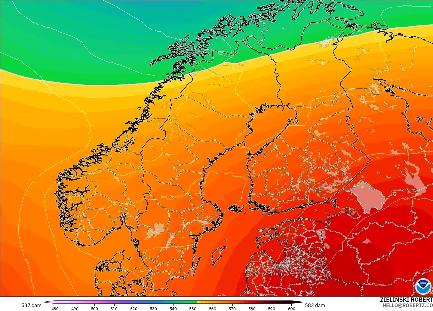 GFS model - Scandinavia, Geopotential height at 500hPa
