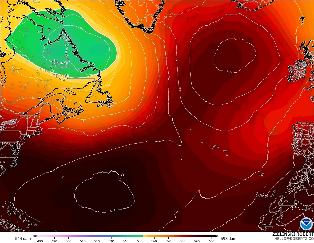 GFS model - North Atlantic, Geopotential height at 500hPa