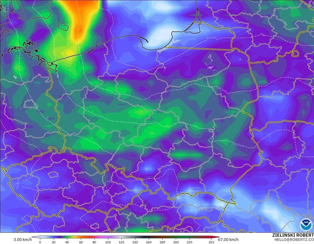 GFS model - Poland, Wind Gusts