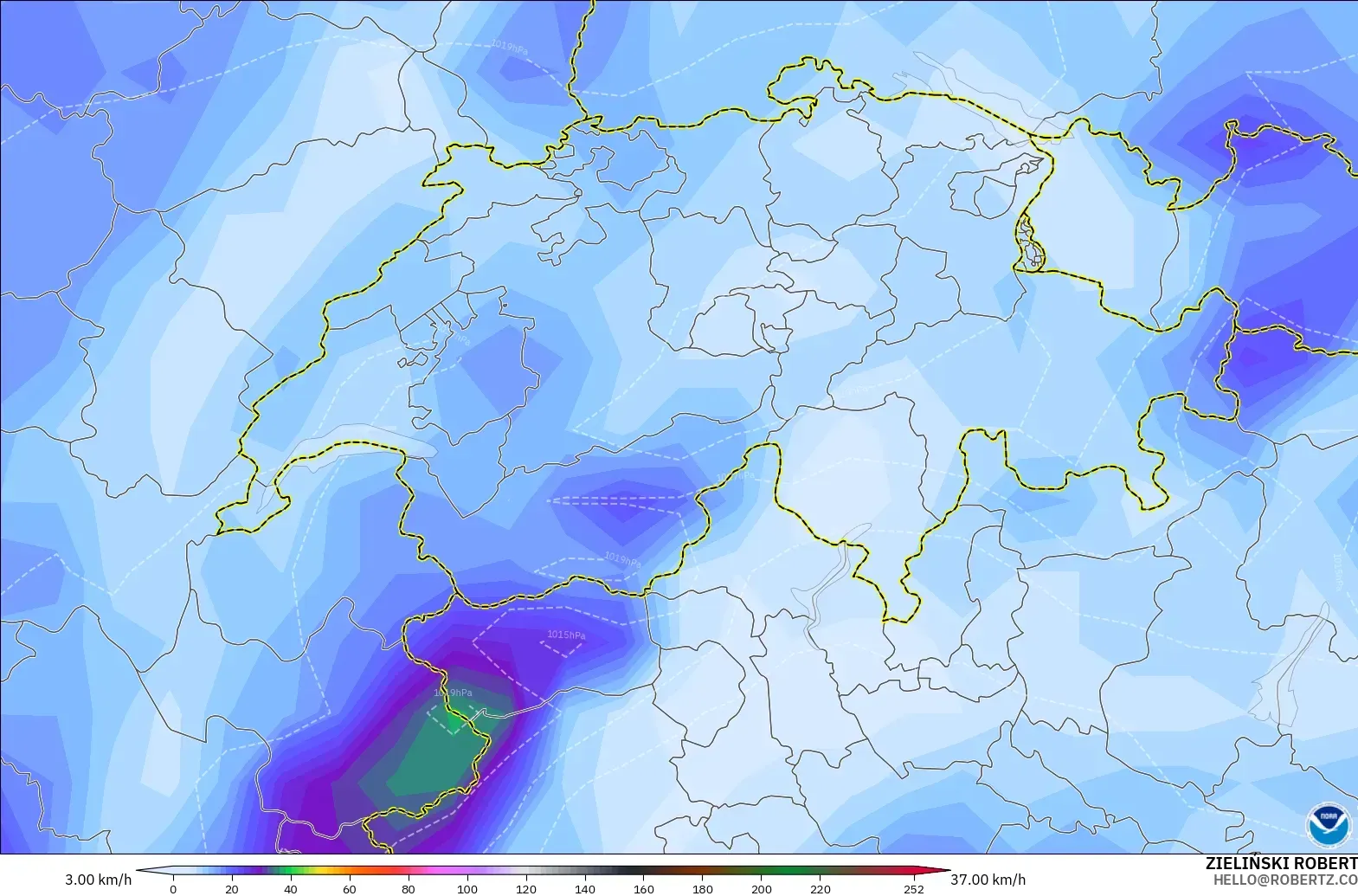 GFS model - Switzerland, Wind Gusts