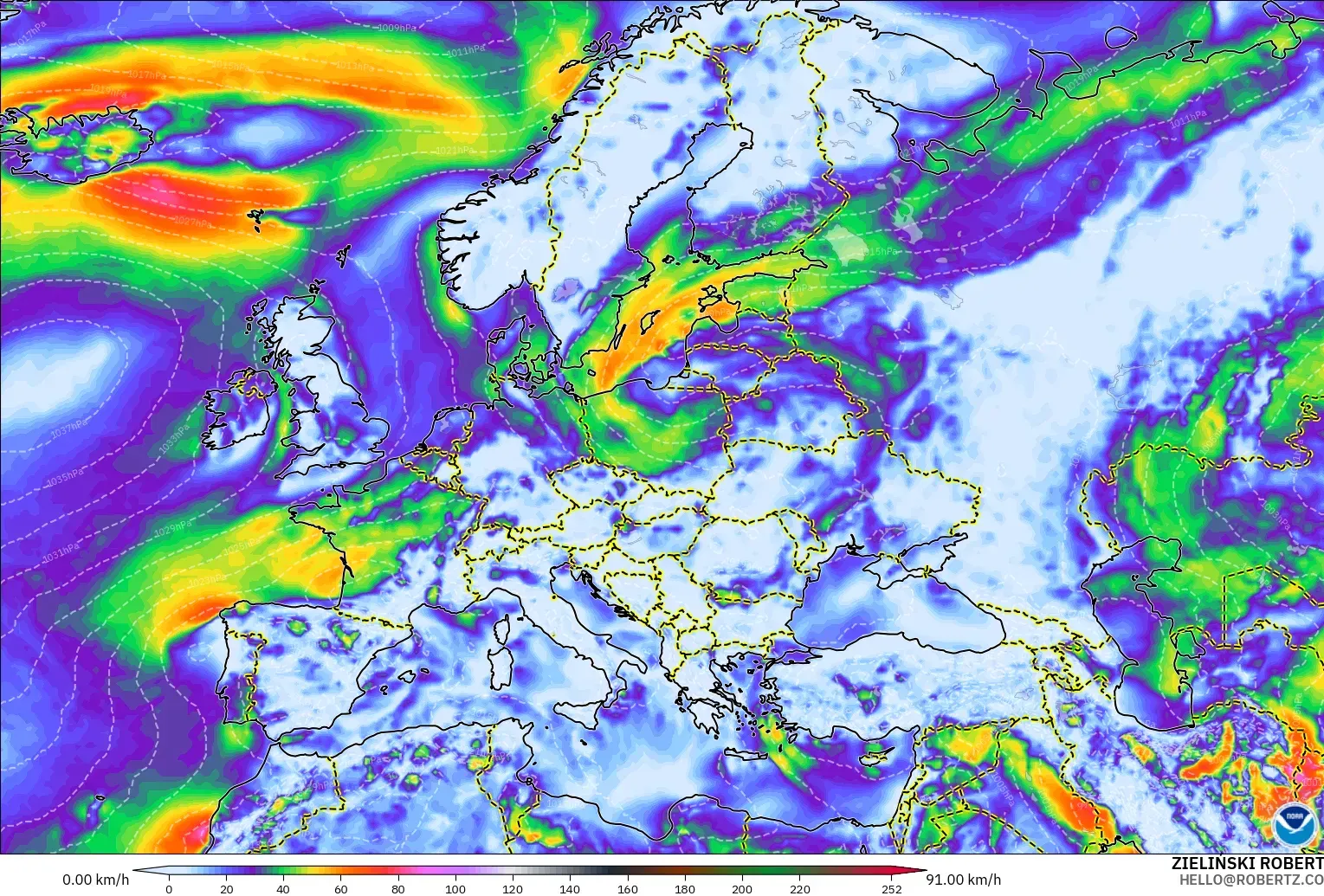 GFS model - Europe, Wind Gusts