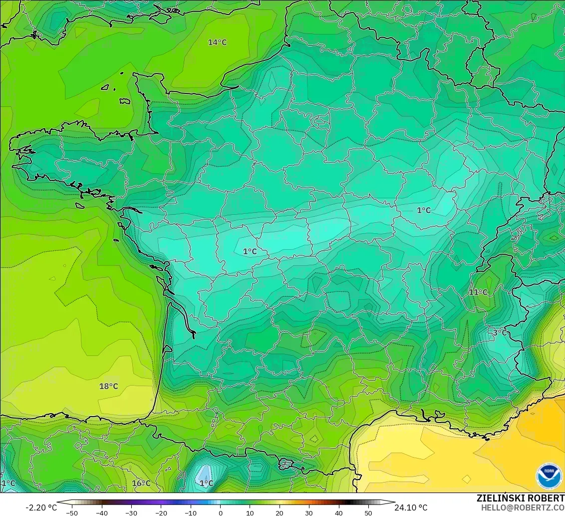 GFS model - France, Dewpoint at 2m