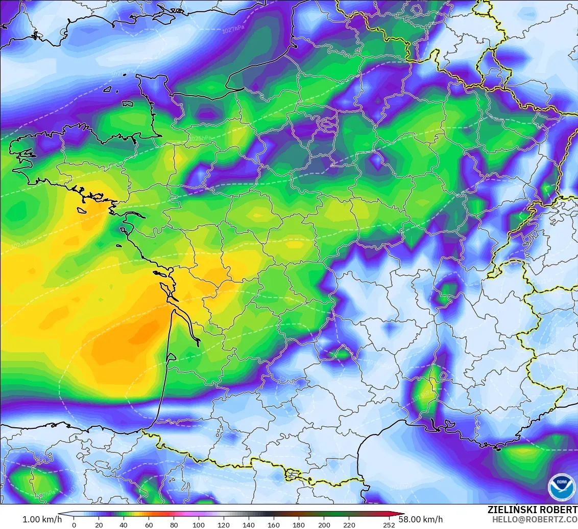 GFS model - France, Wind Gusts