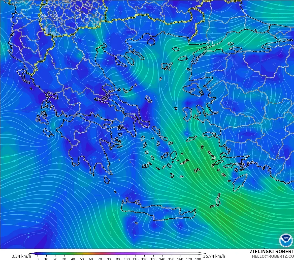 GFS model - Greece, Wind at 10m