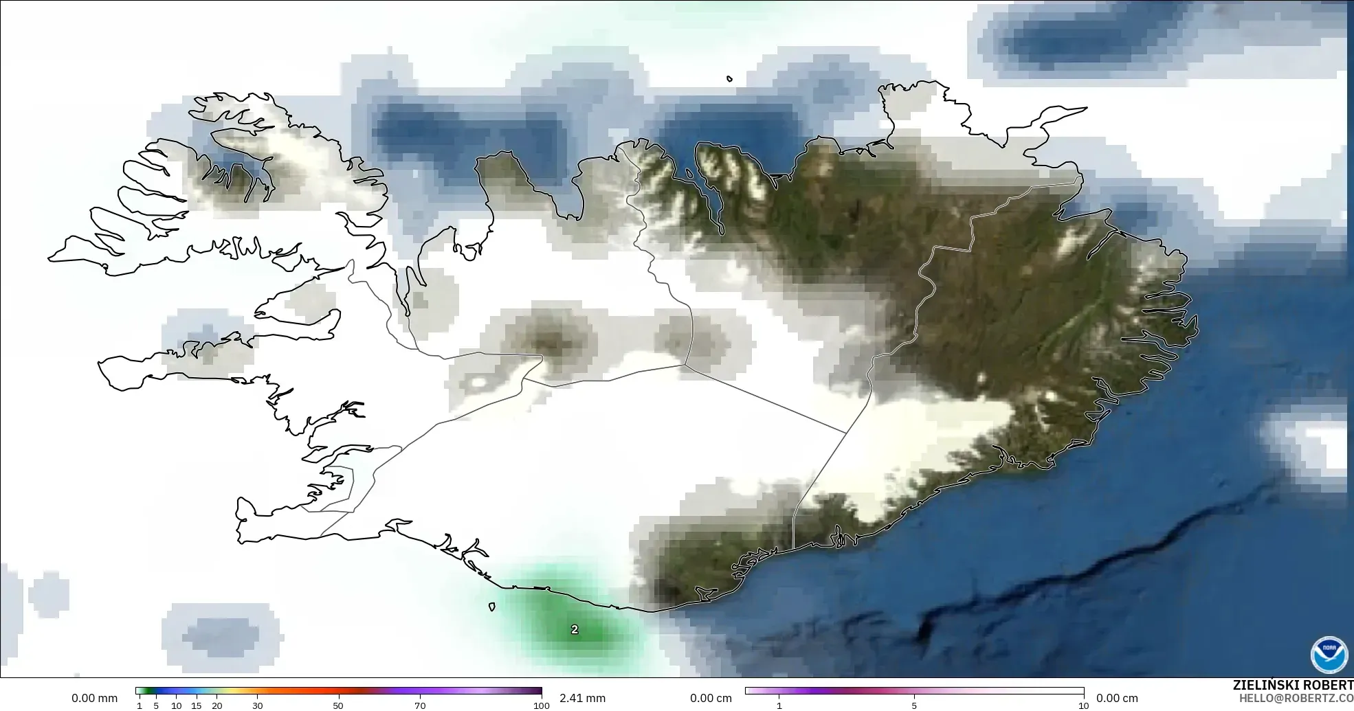 GFS model - Iceland, Precipitation, Clouds, and Pressure