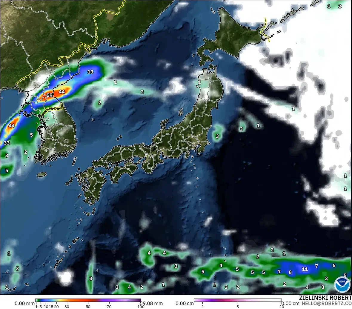 GFS model - Japan, Precipitation, Clouds, and Pressure