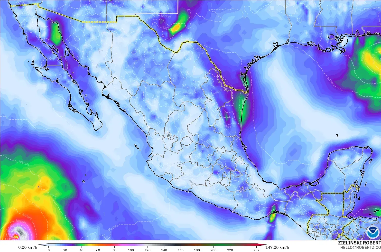 GFS model - Mexico, Wind Gusts