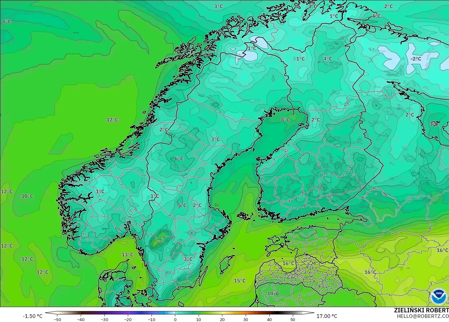 GFS model - Scandinavia, Dewpoint at 2m