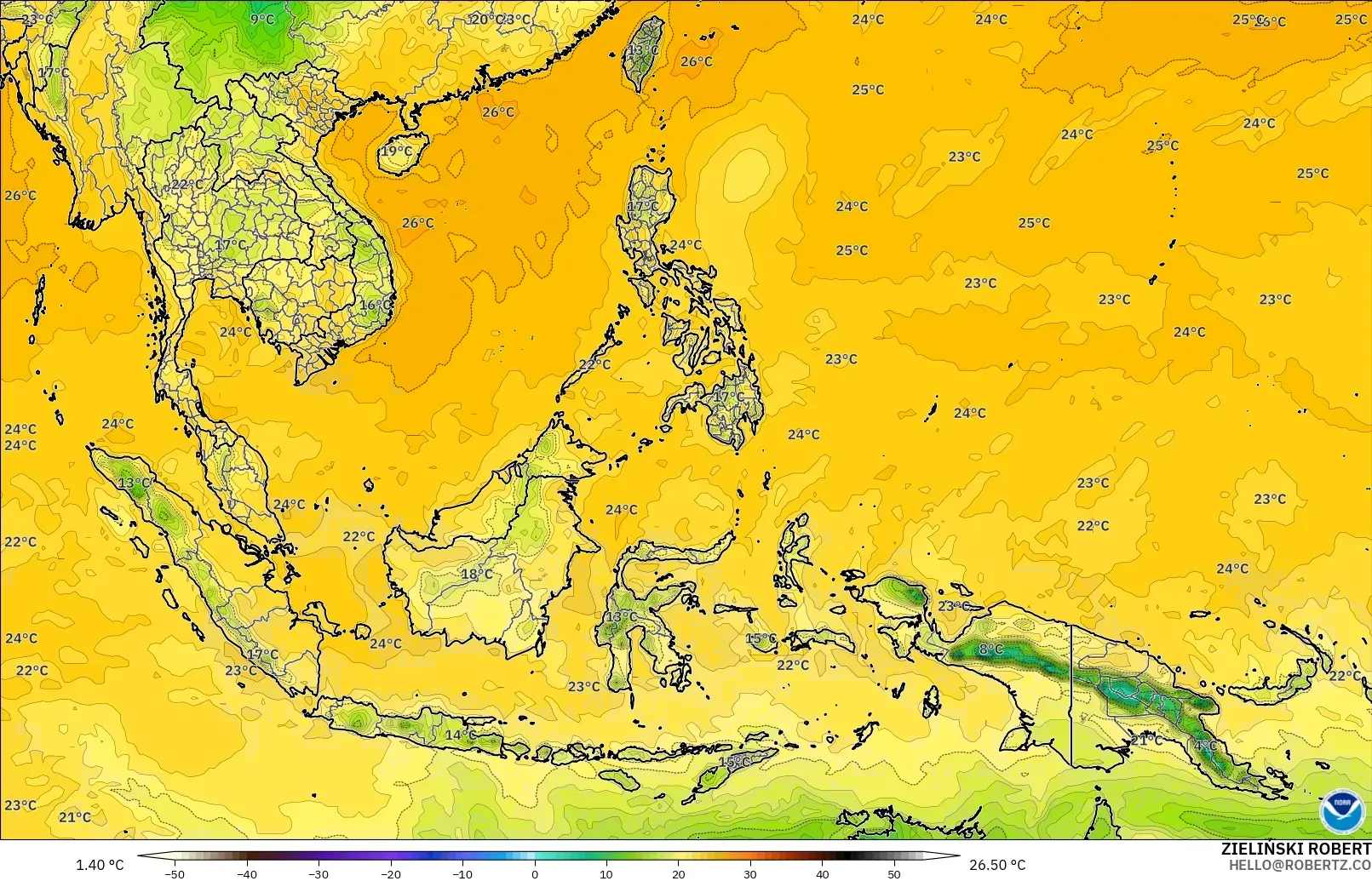 GFS model - South East Asia, Dewpoint at 2m