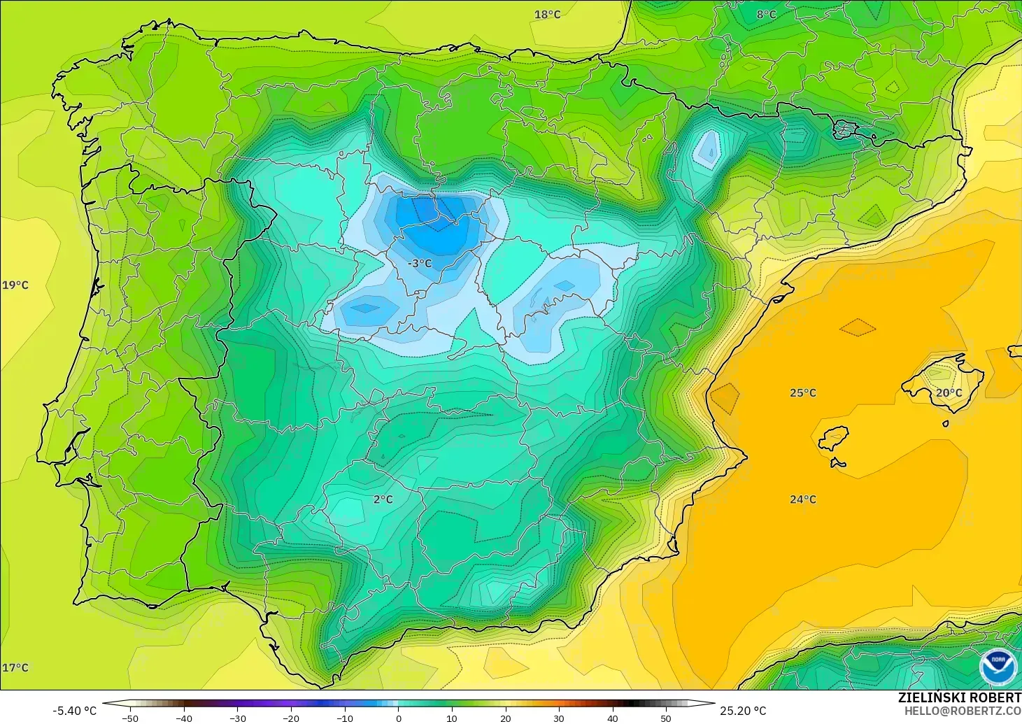 GFS model - Spain, Dewpoint at 2m