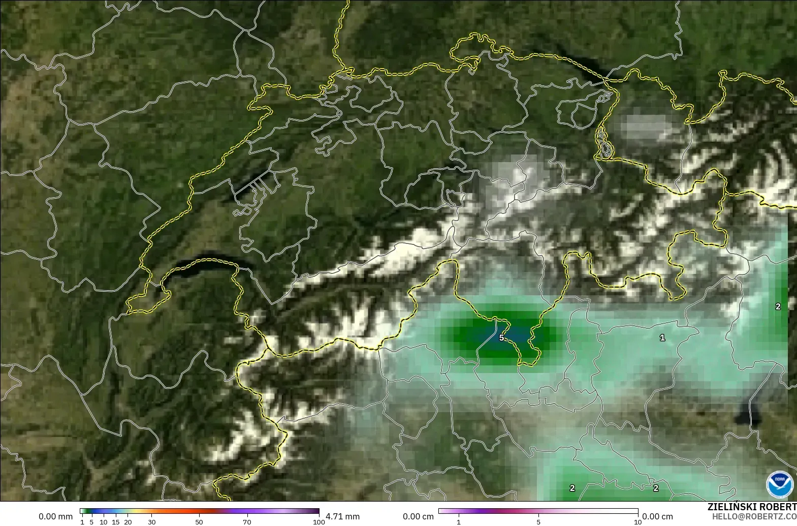 GFS model - Switzerland, Precipitation, Clouds, and Pressure