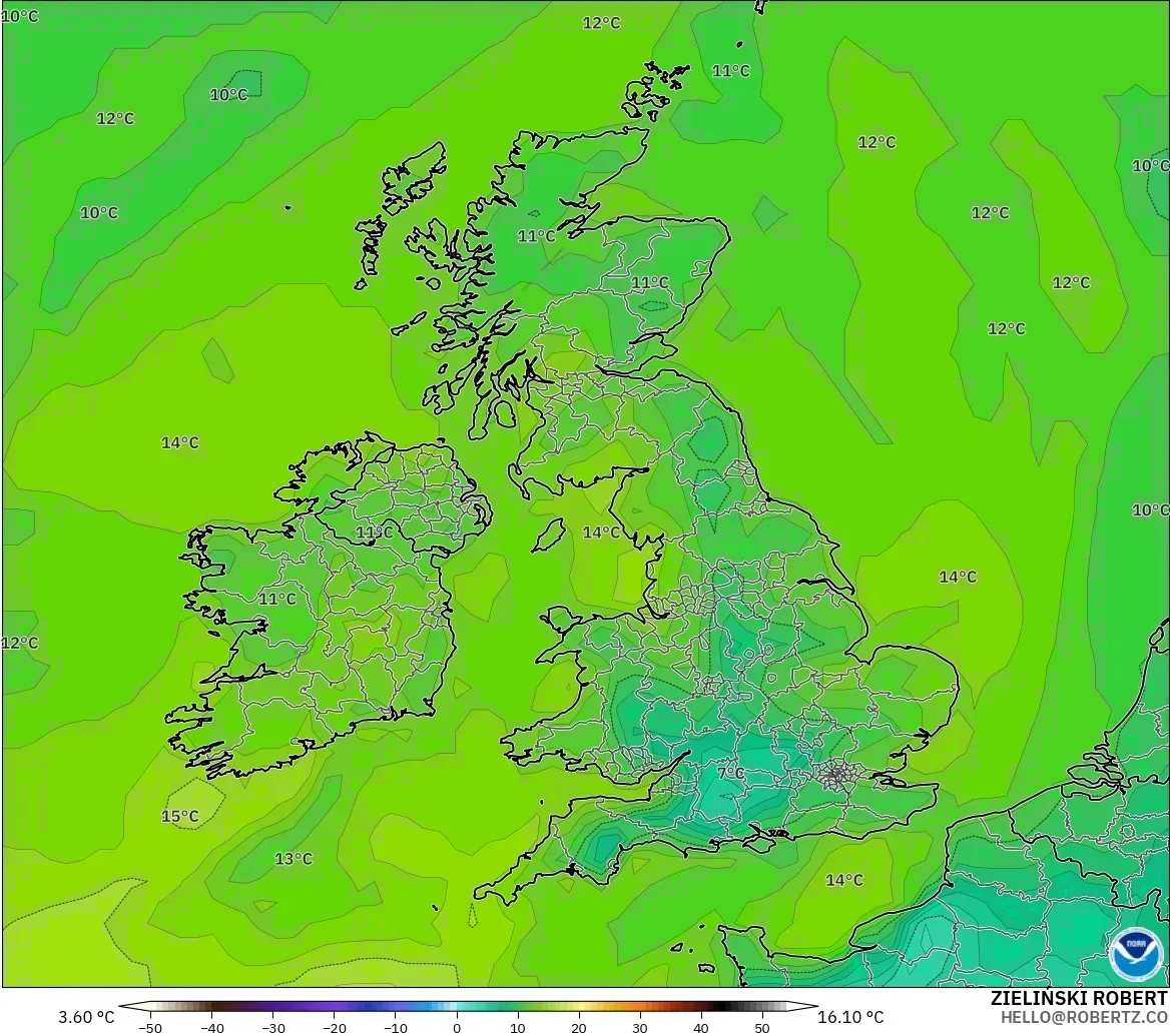 GFS model - United Kingdom, Dewpoint at 2m
