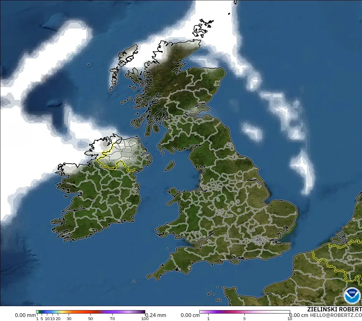 GFS model - United Kingdom, Precipitation, Clouds, and Pressure