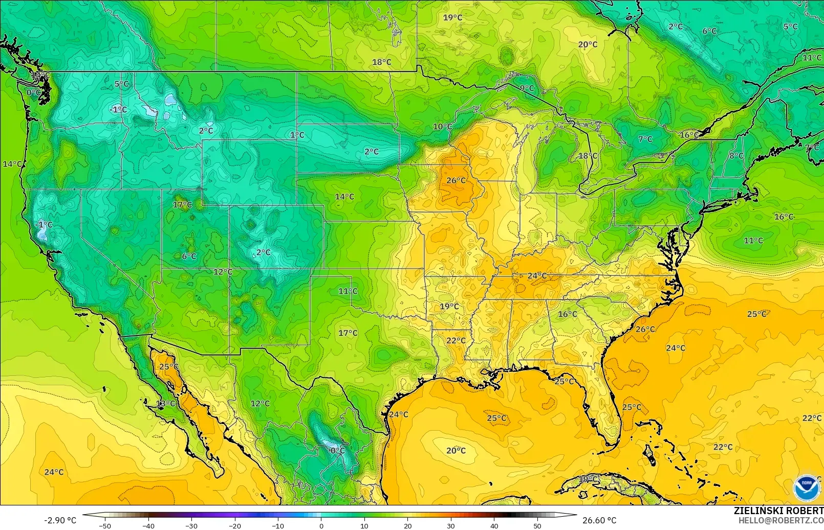GFS model - United States, Dewpoint at 2m