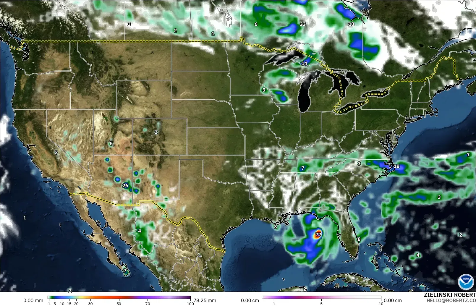 GFS model - United States, Precipitation, Clouds, and Pressure