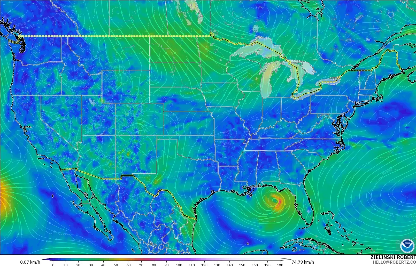 GFS model - United States, Wind at 10m