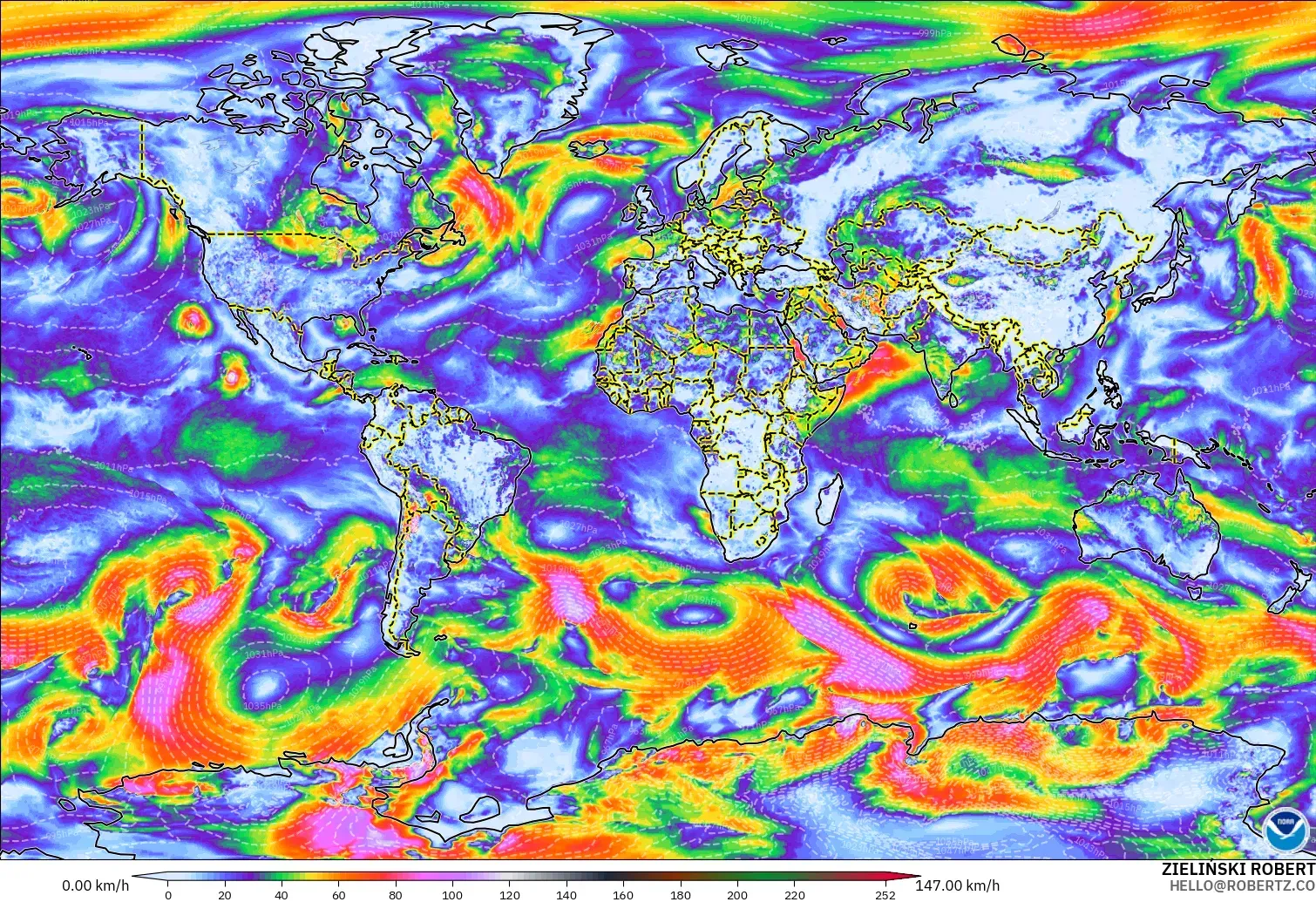 GFS model - World, Wind Gusts