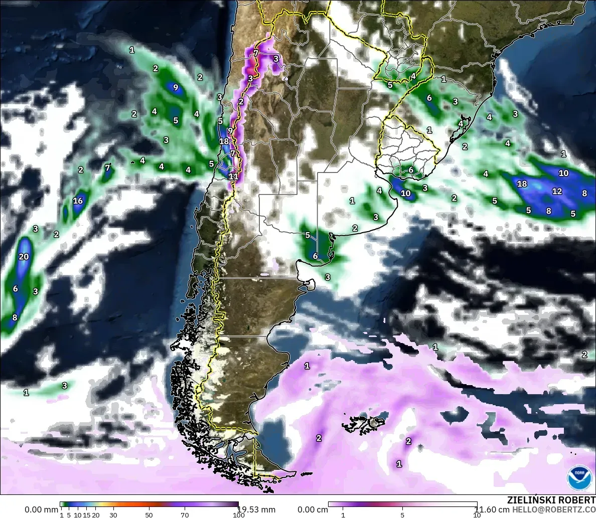 GFS model - Argentina, Precipitation, Clouds, and Pressure