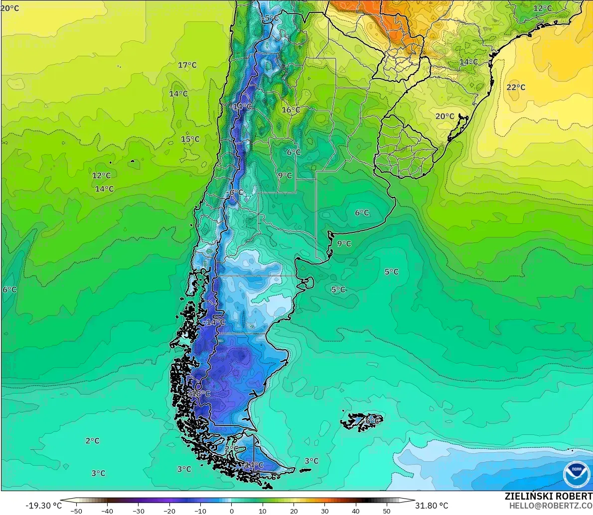 GFS model - Argentina, Temperature at 2m