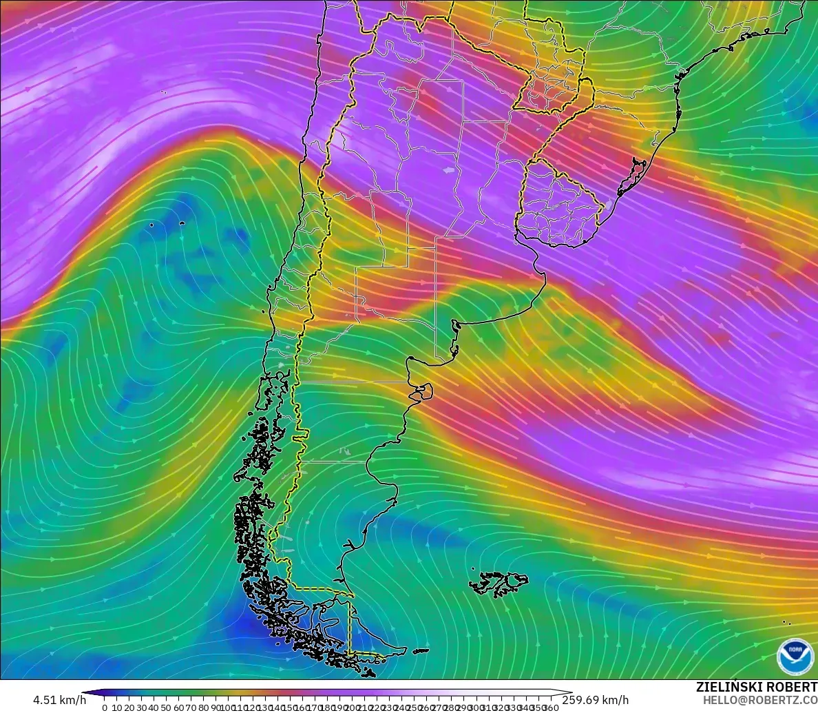 GFS model - Argentina, Wind at 300hPa (jet stream)